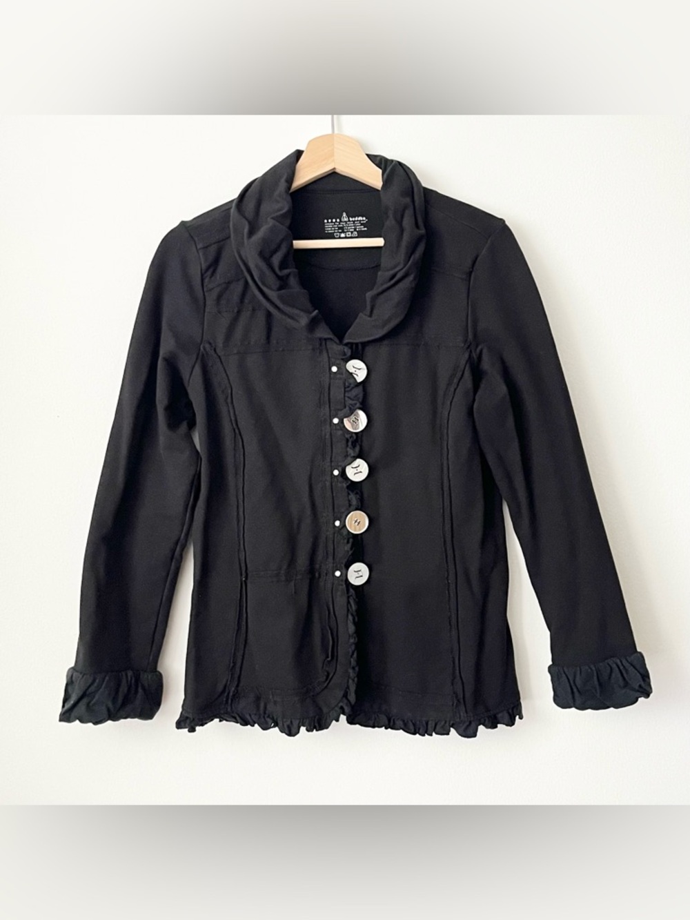 Neon Buddha Women's Cardigan Jacket Size M Black Ruffles Buttons Whimsical Soft